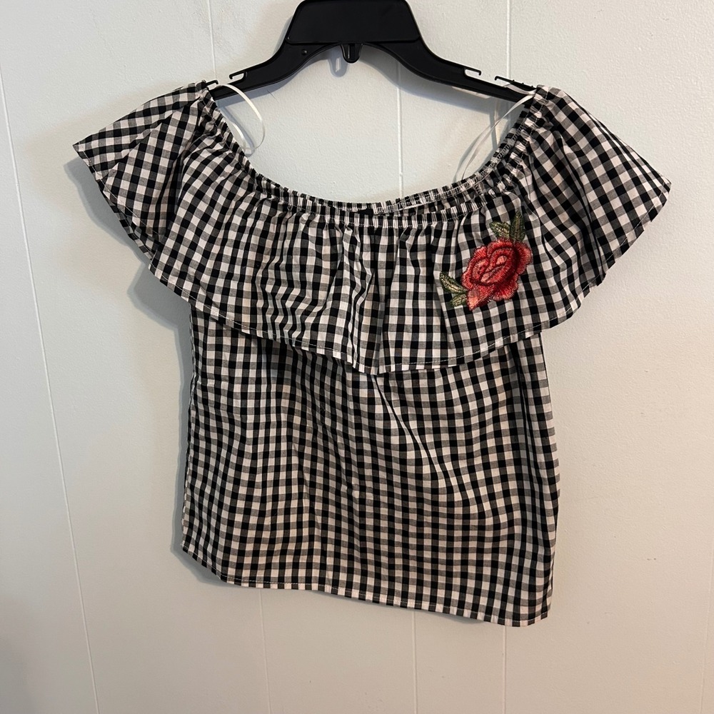 Ambianc Black White Gingham Off The Shoulder Rose Embroidered Ruffle Top Small